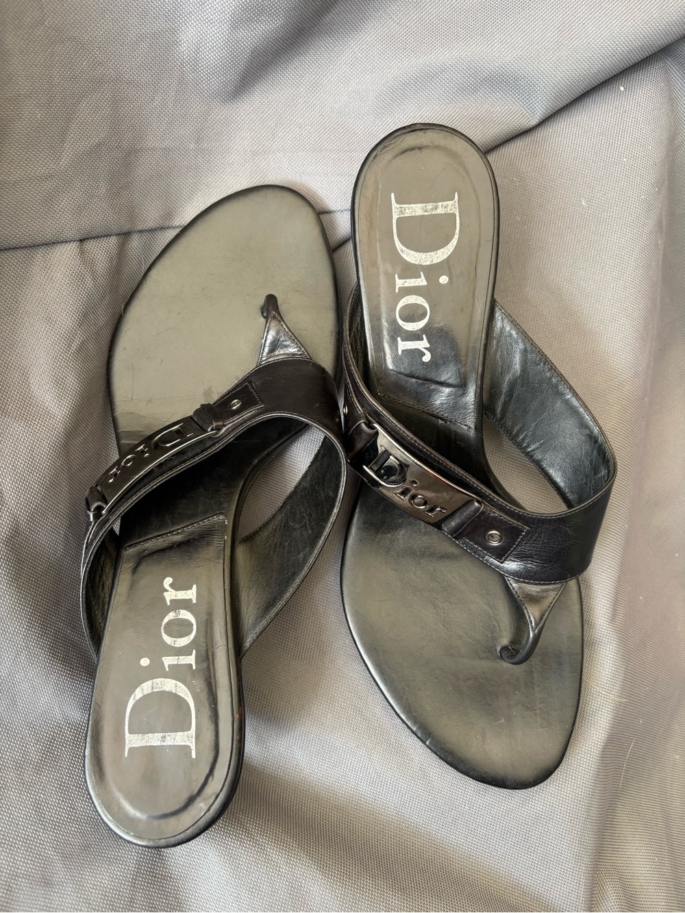 Vintage Dior Black Leather Thong kitten heels with Logo Detail
